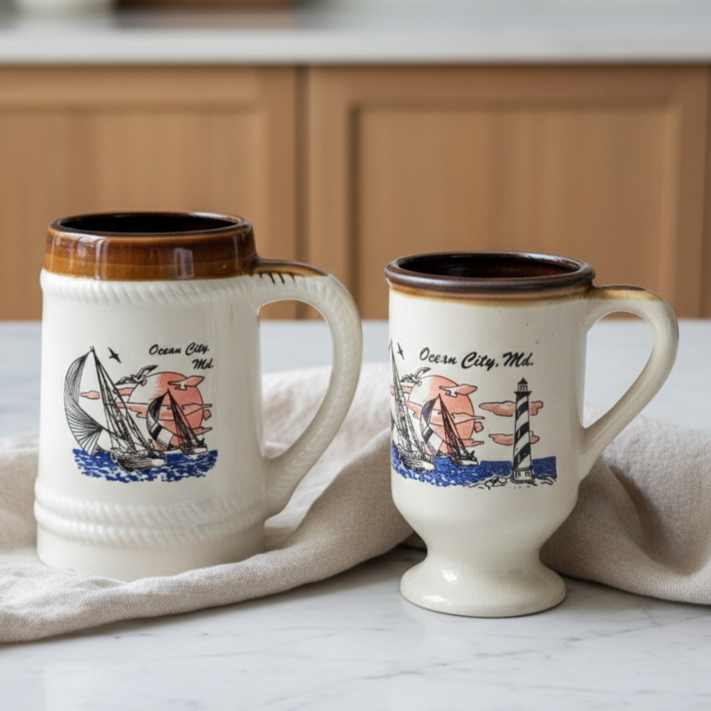 Vintage Ocean City, Maryland Mug Set – 80s Souvenir Coffee Cups Coastal Barware